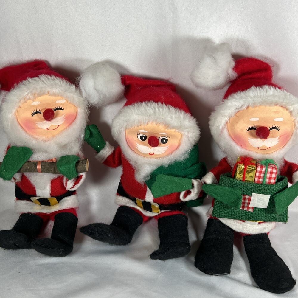 Vintage Set of 3 Felt Wired Santa Claus Paper Mache Face Ardco? Mid Century-80s?